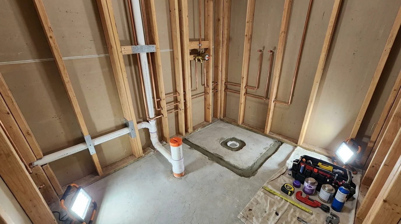 Bathroom rough-in plumbing during remodel by Johns Plumbing LLC in Valencia