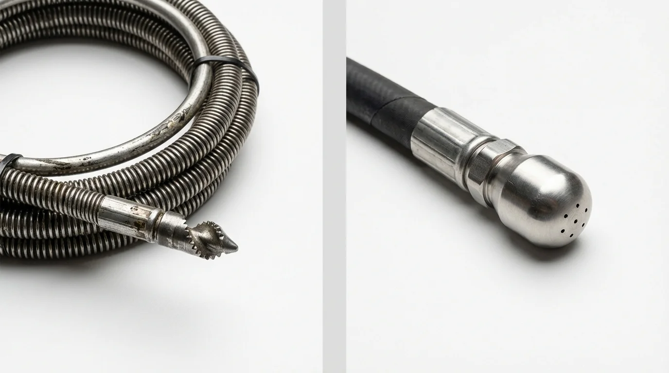 Drain snake cable and hydro jetting nozzle used for drain cleaning in Valencia, CA