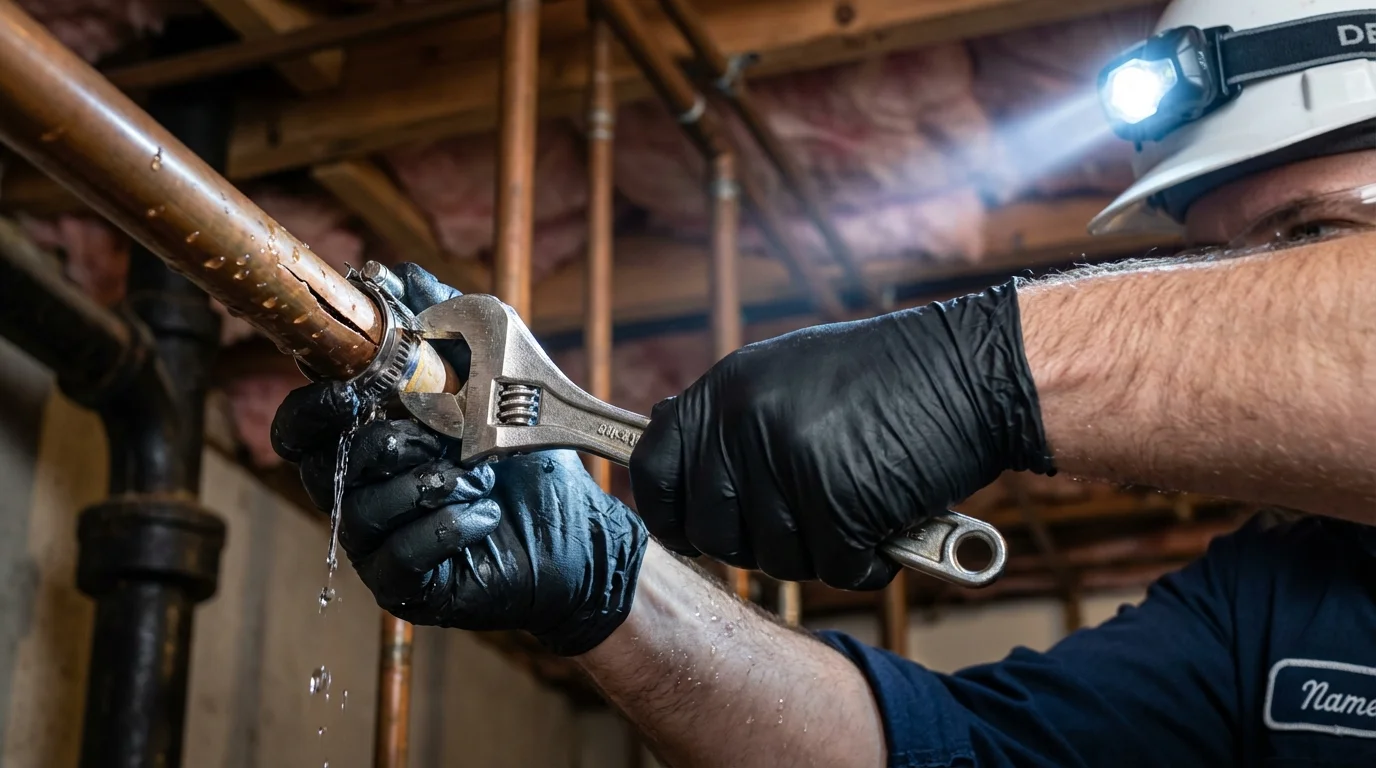 Emergency pipe clamp repair being performed by a Johns Plumbing LLC plumber in Valencia