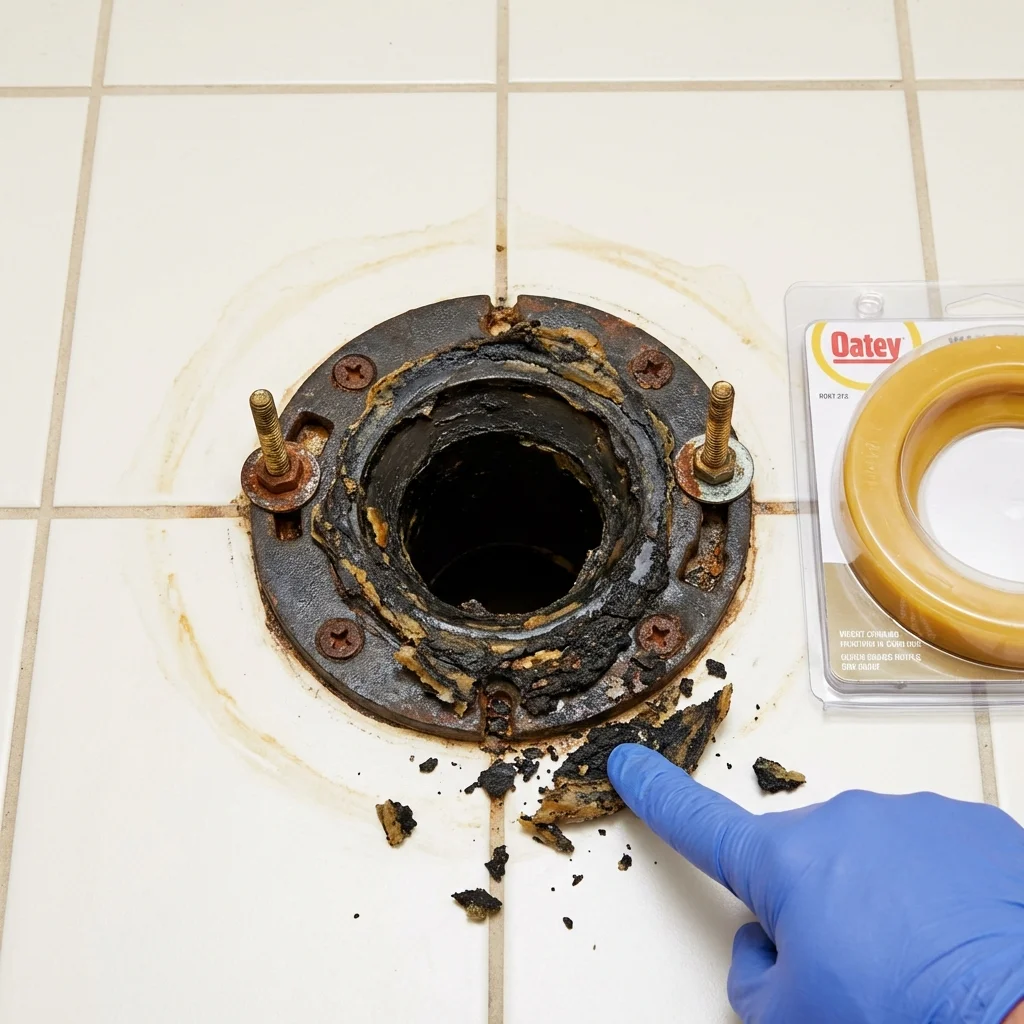 Failed wax ring showing water seepage at the base of a toilet in a Valencia, CA home