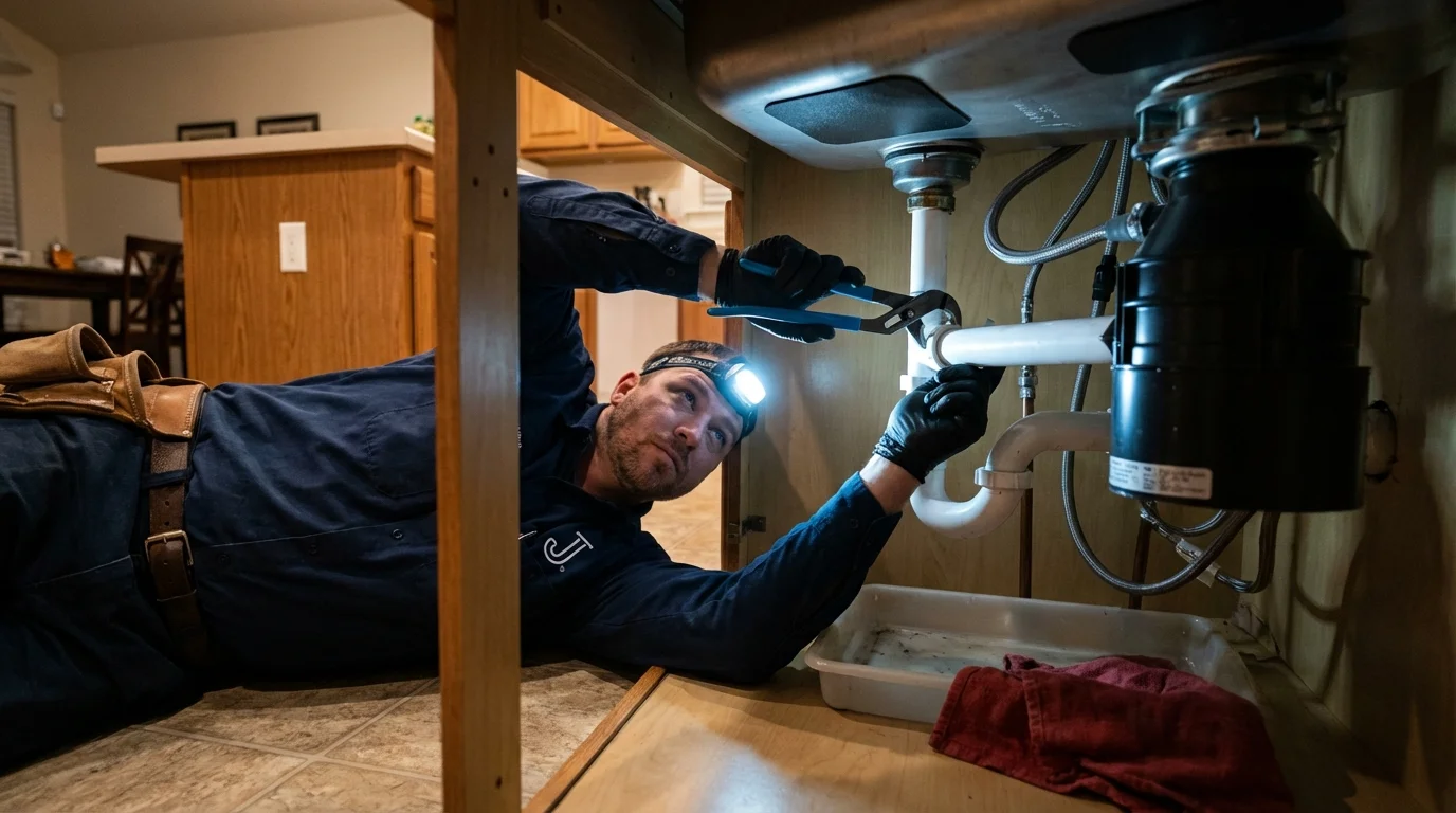 P-trap and supply line connections under a kitchen sink showing a common leak point in Valencia, CA